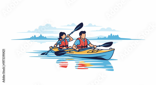 Two people in a yellow and blue kayak, paddling on serene water under a cloudy sky with distant mountains