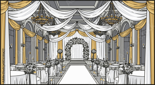 Ornate ballroom decorated for a formal event with draped fabrics, chandeliers, and floral arrangements