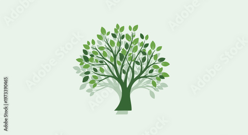 A stylized green tree with many leaves and a cast shadow on a light background