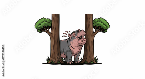 Cartoon hippo with mouth open, stands between two trees with lush green canopies