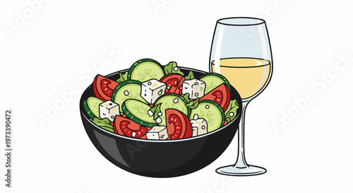 Fresh salad with feta cheese and sliced tomatoes, cucumbers, next to a glass of white wine