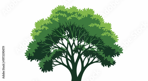 A green, stylized tree with a thick trunk and extensive branches covered in dense foliage