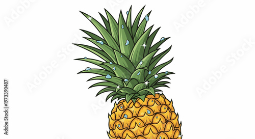 A close-up illustration of a pineapple with glistening water droplets and sparkling highlights