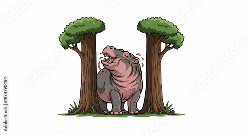 A cartoon hippopotamus stands with its mouth open between two large trees