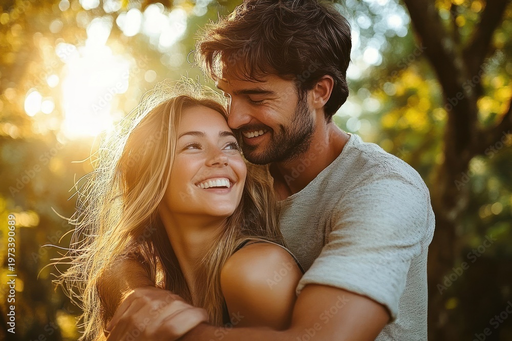 Fototapeta premium Young couple embracing outdoors at golden hour, man hugging woman from behind in warm backlit trees, intimate and joyful moment