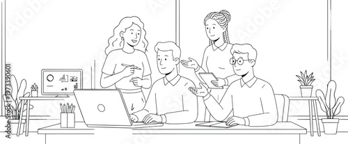 Diverse group of young business professionals collaborating on a laptop for brainstorming strategic planning and creative teamwork in modern office startup environment.