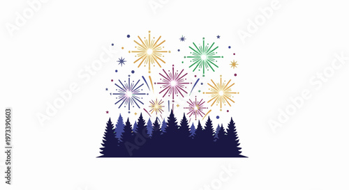 Colorful fireworks explode over a dark evergreen forest silhouette