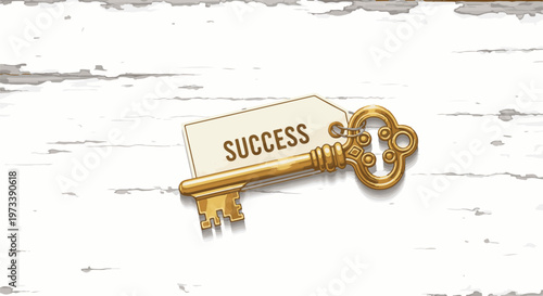 Ornate golden key with "SUCCESS" tag lies on a textured white surface