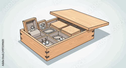 An open wooden jewelry box filled with various accessories, including rings and necklaces
