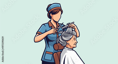 Stylist gives a haircut to a senior woman