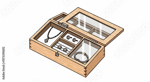 Wooden jewelry box with glass lid, showcasing necklace, earrings, rings, and bracelet inside compartments