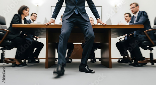 Businessman in dark suit standing at conference table with colleagues sitting around discussing in a corporate meeting setting, low angle view.