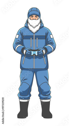 Elderly man in warm blue winter clothing holding a smartphone  