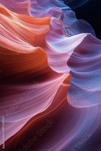 multicolored flowing sandstone slot canyon walls with smooth curved striations bathed in soft light, serene and otherworldly