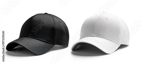 Two baseball caps side by side, one black and one white on a clean white background, minimalist product shot conveying sleek modern contrast and casual style