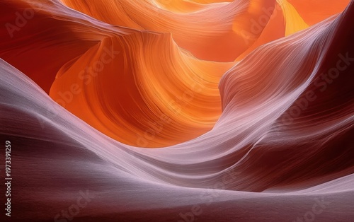 sunlit sandstone slot canyon interior with smooth layered waves and flowing curves in glowing orange and purple tones evoking serene awe