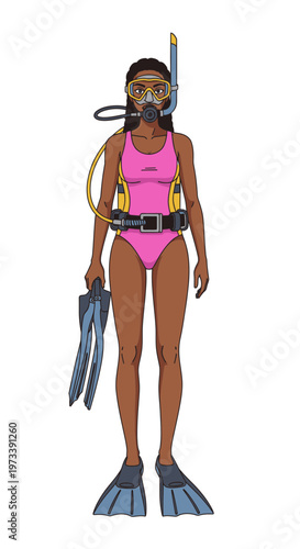 Young black woman in diving gear holding flippers for snorkeling  