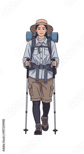 Young hiker walking with trekking poles and backpack in outdoor setting  