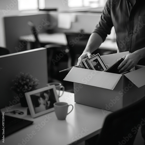 Person packing up personal items like framed photos and cups into a cardboard box on an office desk, signifying a departure or relocation.