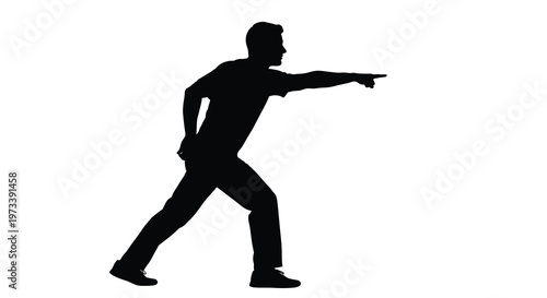 A dynamic man points forward in a stark isolated black silhouette