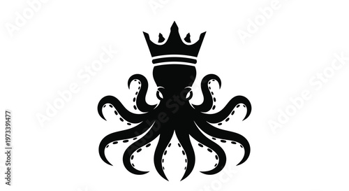 A striking black octopus wearing a regal crown presented as a silhouette