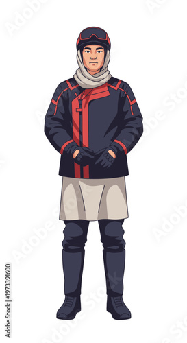 Asian man dressed in winter clothing and standing confidently outdoors  