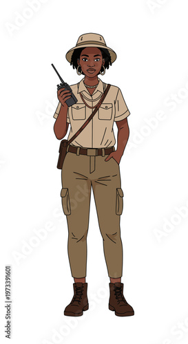 Young Black woman in safari attire holding a walkie-talkie  