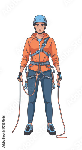 Female climber in orange hoodie wearing harness and holding rope  