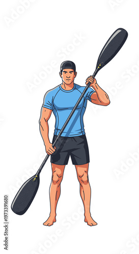 Sporty man holding a kayak paddle in athletic outfit and bare feet  