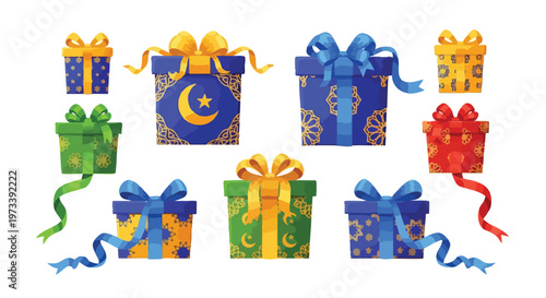 Colorful wrapped presents with ribbons arranged on a white background in a flat lay composition.