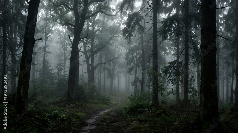 Fototapeta premium Dark and Mysterious Path Through a Foggy Woodland Forest