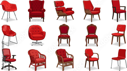 Isolated a realistic kinds of deferent Unique red chair vector art with white background..