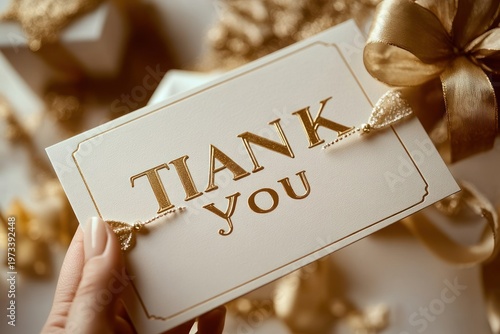 Hand holding elegant gold-embossed gratitude card reading 'TIAK YOU' surrounded by gold ribbon, bows and gift boxes, warm festive and appreciative mood