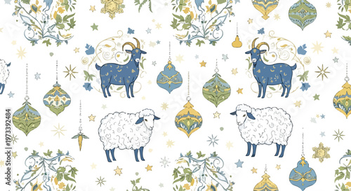 Festive pattern of goats and sheep with Christmas ornaments in blue, green, and gold on white background.