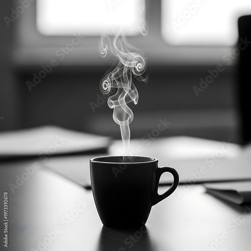 Cup black coffee or tea mug with rising white steam and blurred background, captured in monochrome photography