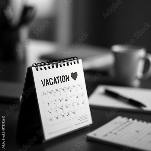 Calendar desktop vacation planner featuring a heart shape indicating the start of a well-deserved break, in monochromatic tones