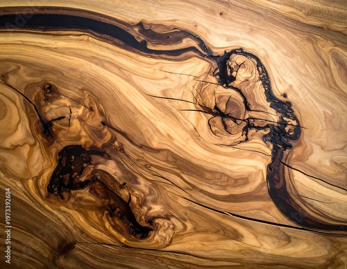 Close-up of natural wood grain, showcasing intricate patterns, knots, and dark streaks. Organic, textured, and warm with varying shades and highlights