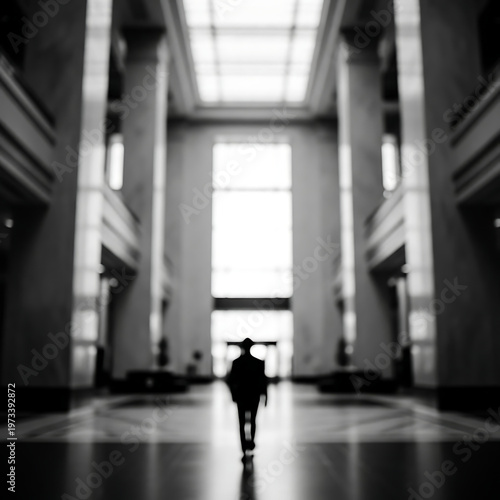 Figure walking with blurred motion in a grand hall, showcasing an abstract monochrome atmosphere and a sense of solitude