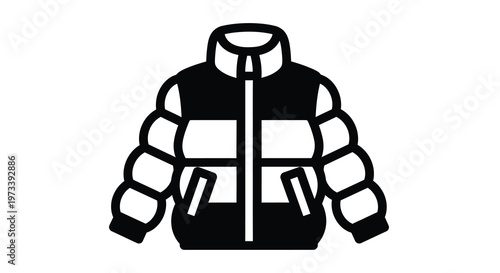 A simple black silhouette of a puffy winter jacket on white background