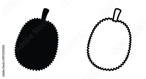 Two durian fruits are illustrated in contrasting black and white silhouette