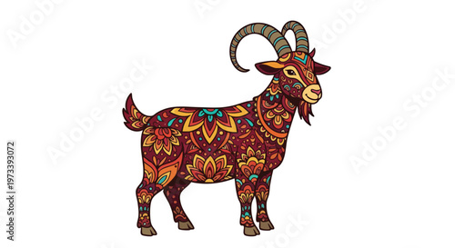 Vibrant illustration of a standing goat with colorful floral patterns on its body against a plain white background.
