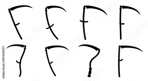 A collection of black scythes displayed in various positions a striking silhouette