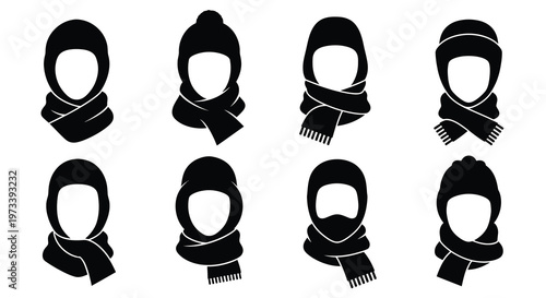 Collection of winter hats and scarves in a stark black silhouette