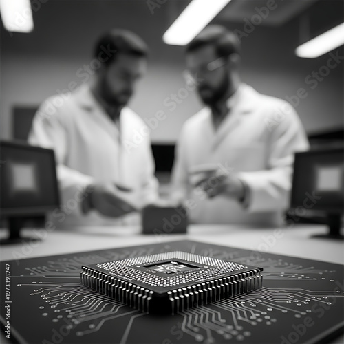 Microchip CPU processor with circuit board connections in a black and white image, showcasing advanced technology with scientists working in the