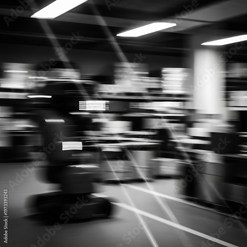 Office interior space with abstract blurred motion and light streaks in black and white photography, capturing a dynamic monochrome scene.