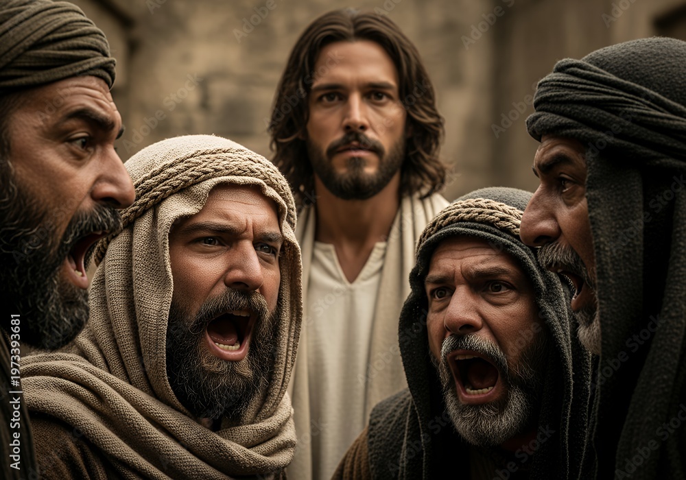 Fototapeta premium Jesus Christ surrounded by angry men in ancient robes