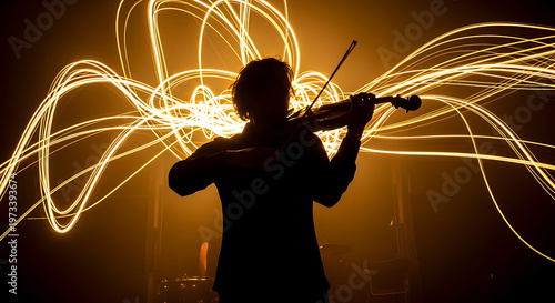 Silhouette musician playing violin with vibrant light trails in the background, creating a dynamic and artistic performance