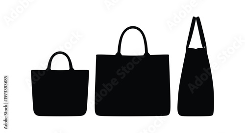 Three black tote bags of varying sizes presented as a stark silhouette