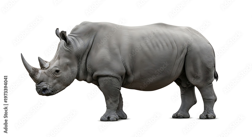 Obraz premium A large gray rhinoceros stands on a white background