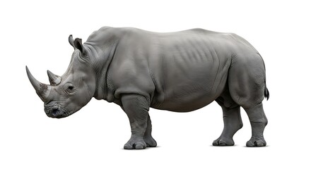 A large gray rhinoceros stands on a white background